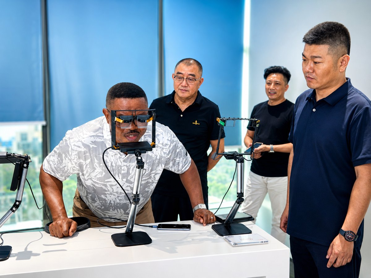 展厅内,客户在工作人员陪同下体验谷东AR眼镜产品
